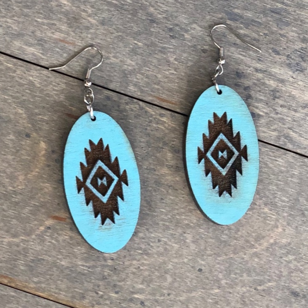 Turquoise Long Dangle Aztec Print Engraved Wood Earrings